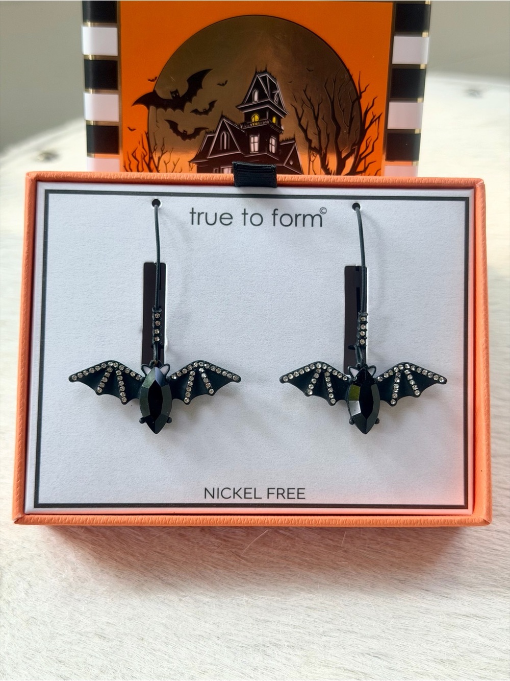 True to Form Black Crystal Bat Earrings Long Wire Hook Nickel Free Halloween NWT